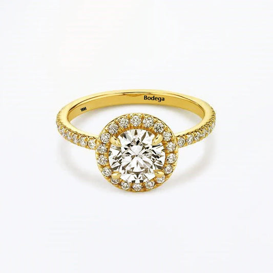 Halo Round Brilliant Ring with pave - Yellow Gold