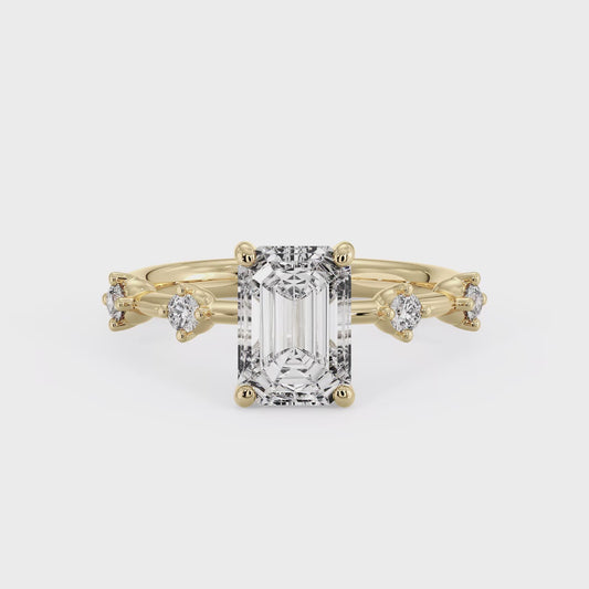 Emerald Cut Solitaire Ring with 4 side stones - Yellow Gold