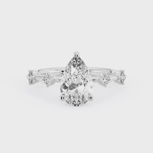Pear Cut Solitaire Ring with 4 side stones - Platinum