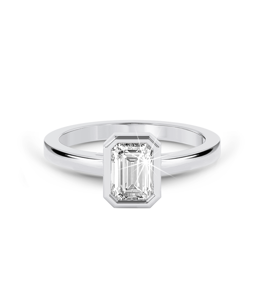 Bezel Set Emerald Cut Diamond Ring - Platinum - Bodega