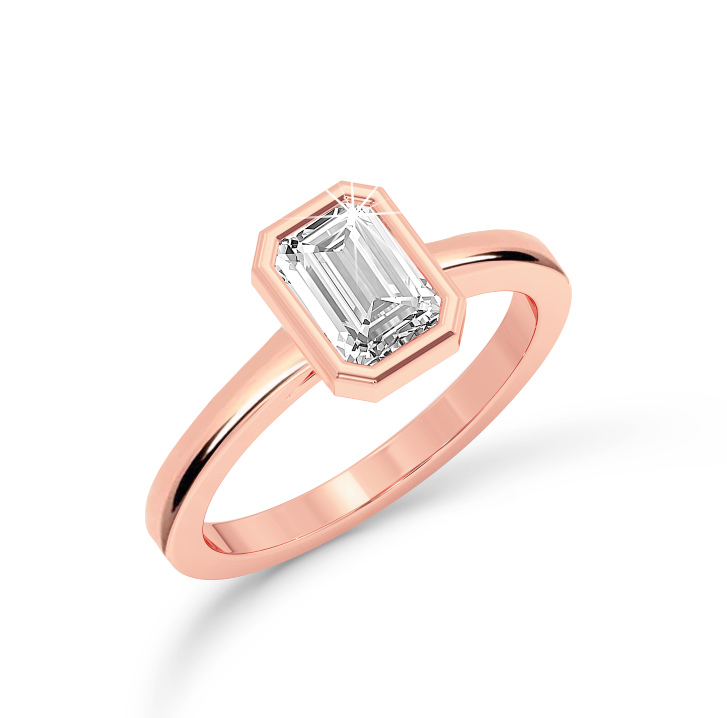 Bezel Set Emerald Cut Diamond Ring - Rose Gold - Bodega