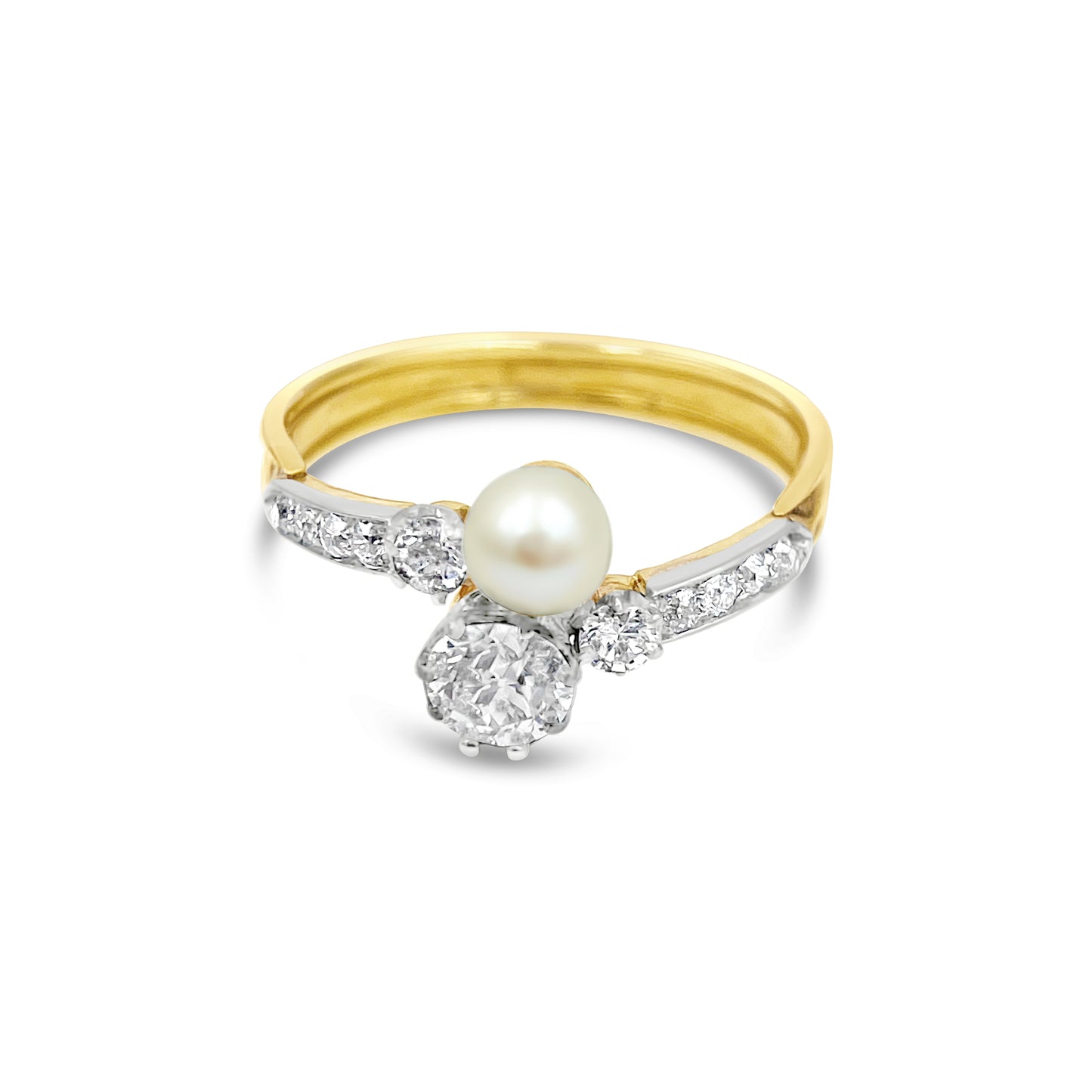Ring set with round brilliant diamonds and accent pearl  - Yellow Gold - Bodega