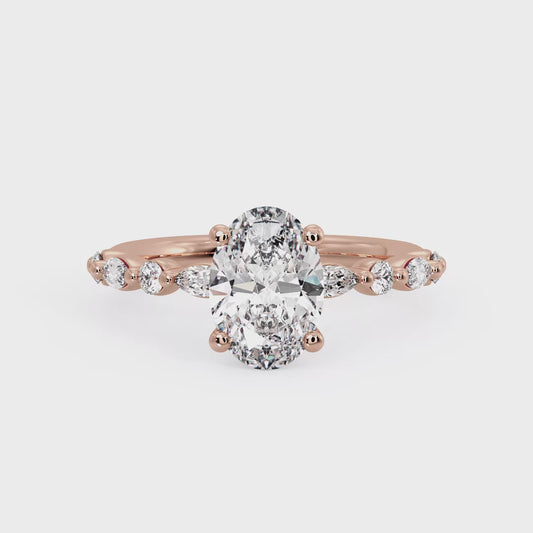 Oval Cut Solitaire Ring with 6 side stones - Rose Gold