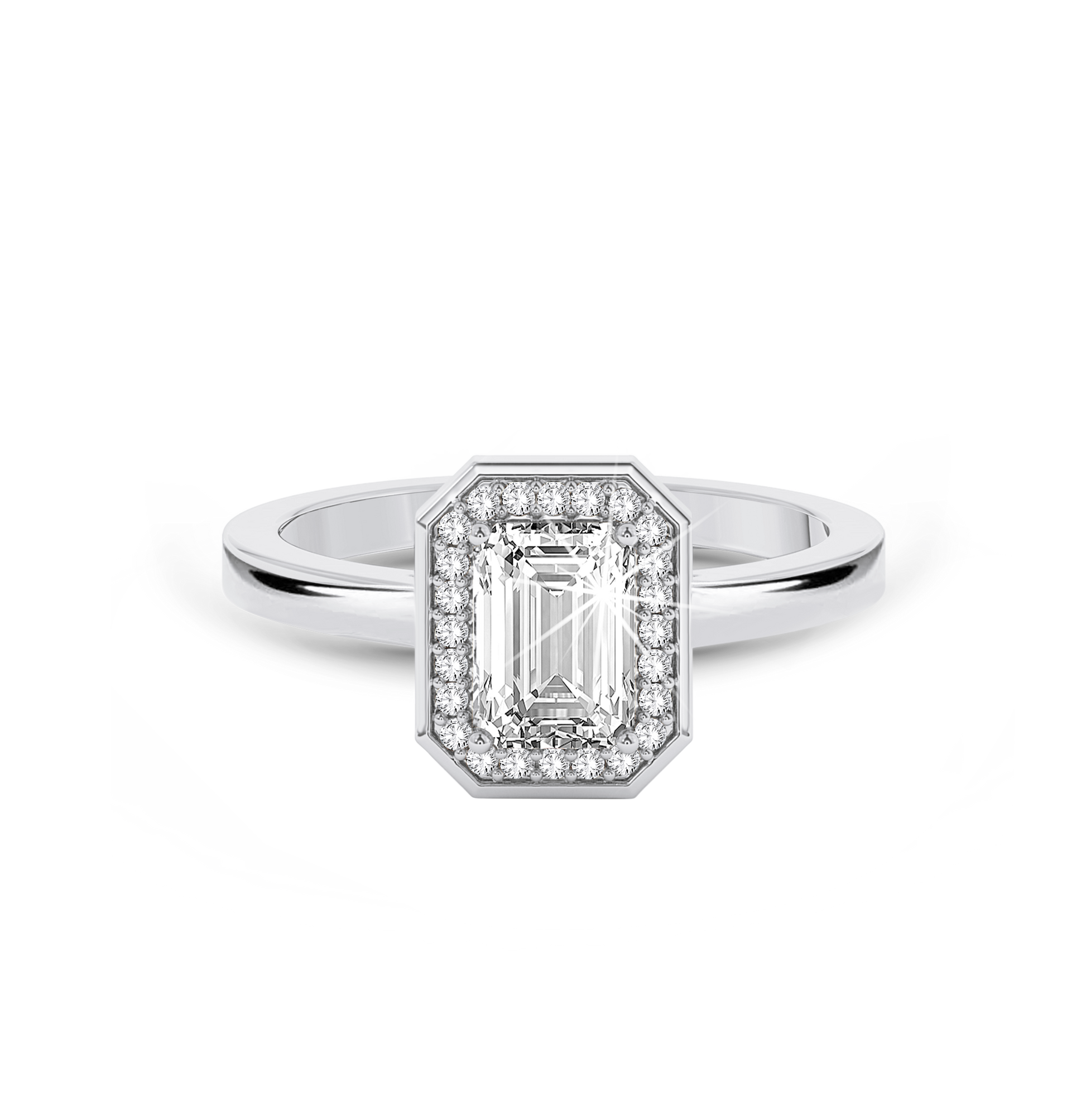 Bezel Set Emerald Cut halo Ring - Platinum - Bodega