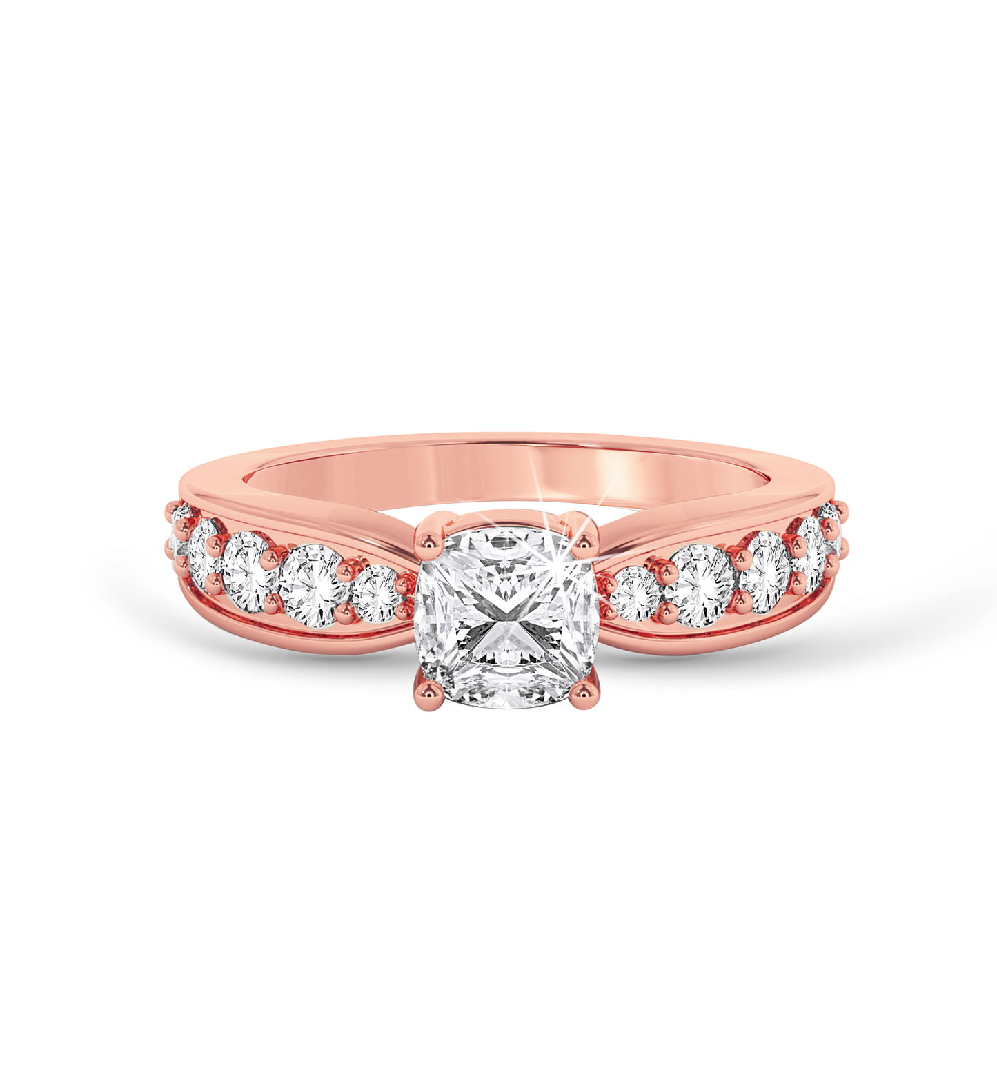 Cushion Cut ring with graduated shoulder stones- Rose Gold - Bodega