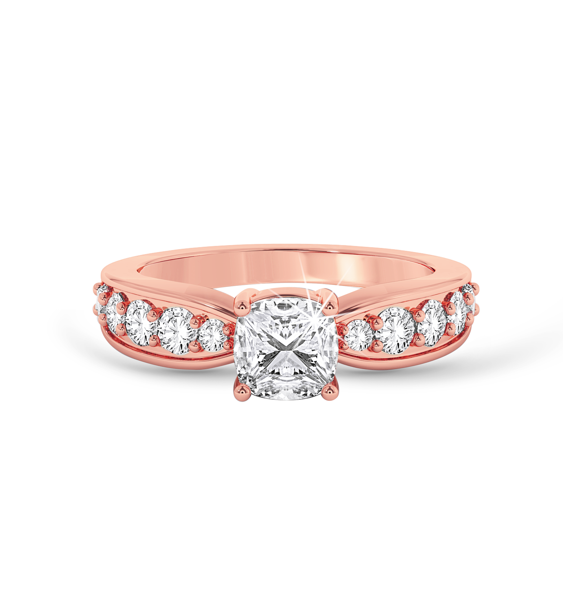 Cushion Cut ring with graduated shoulder stones- Rose Gold - Bodega