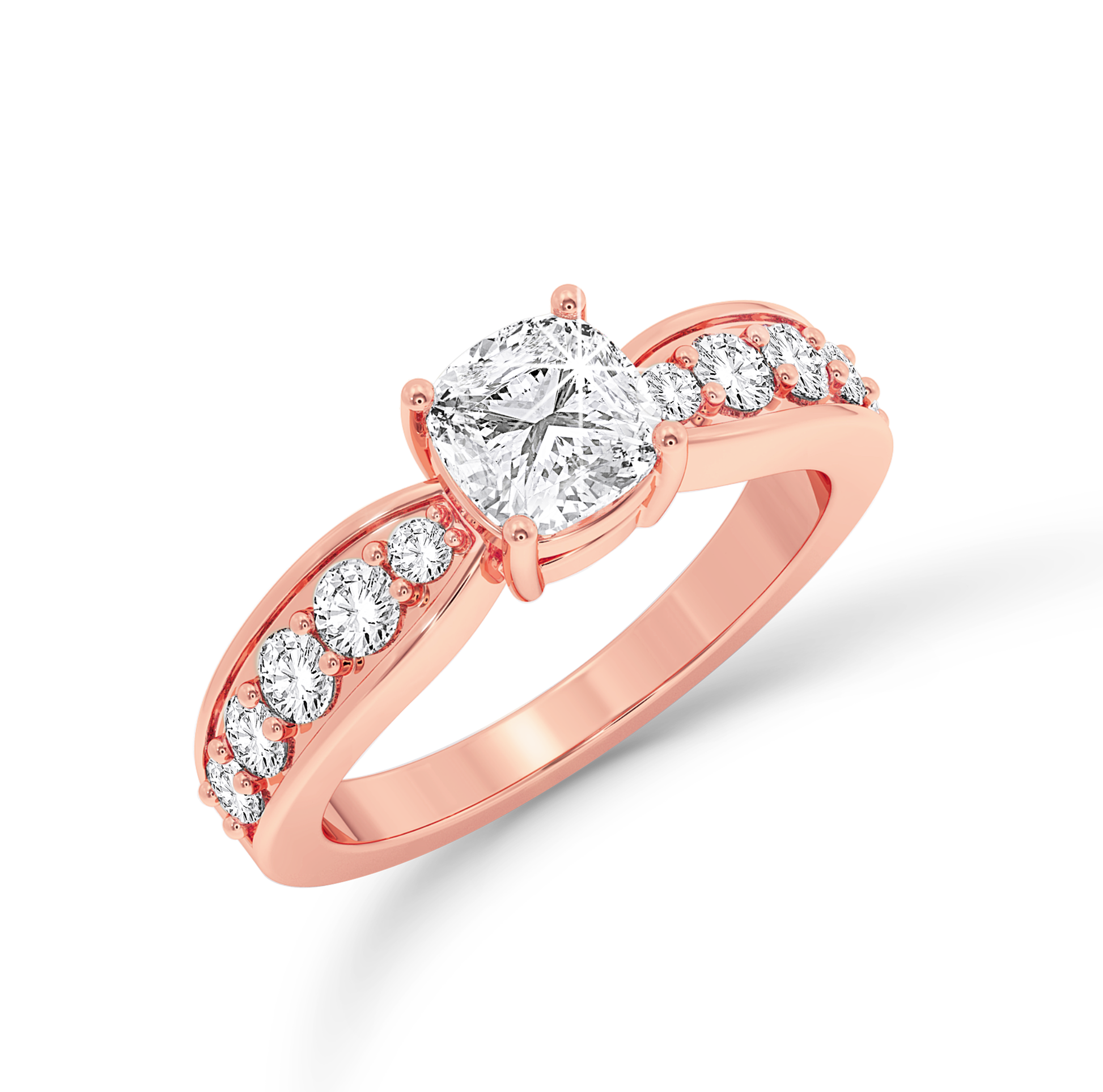 Cushion Cut ring with graduated shoulder stones- Rose Gold - Bodega