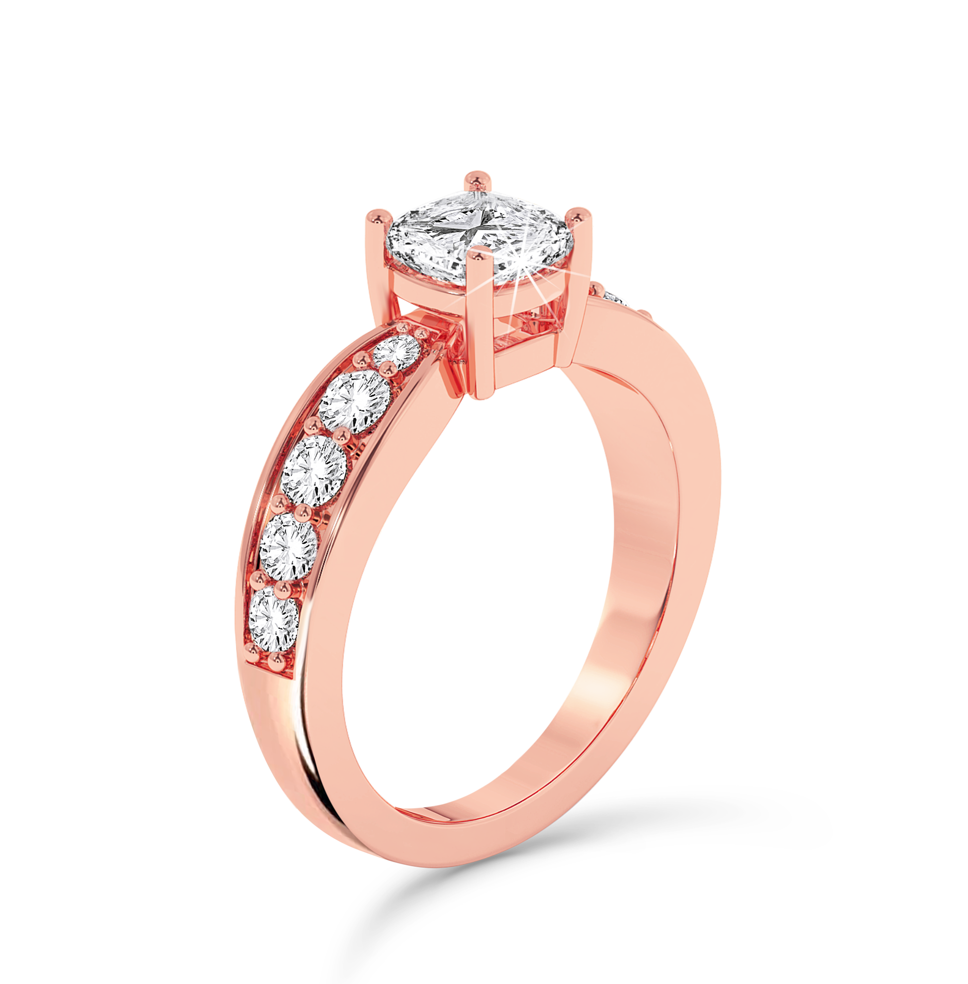 Cushion Cut ring with graduated shoulder stones- Rose Gold - Bodega