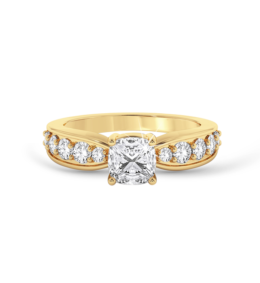 Cushion Cut ring with graduated shoulder stones- Yellow Gold - Bodega