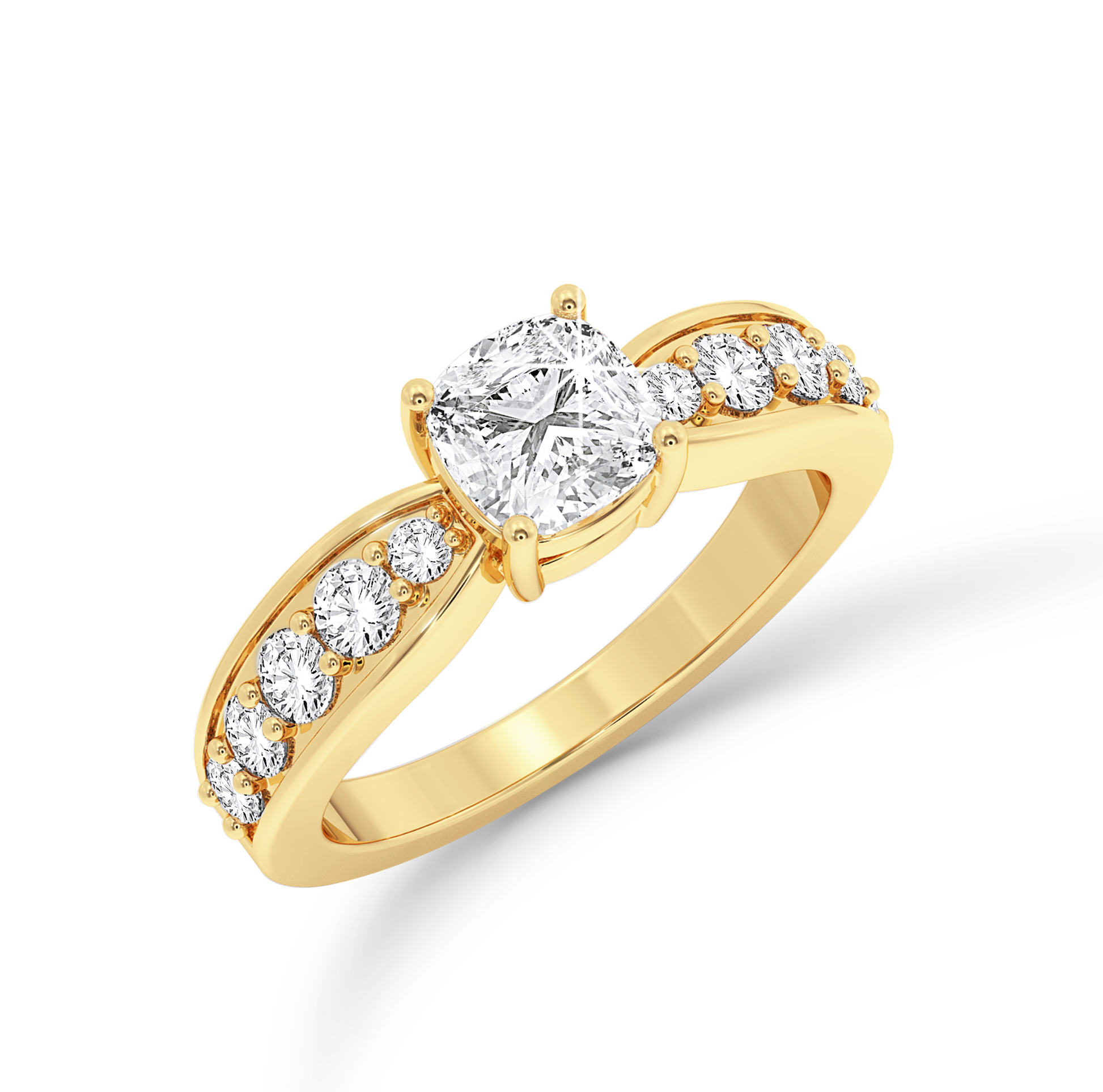 Cushion Cut ring with graduated shoulder stones- Yellow Gold - Bodega