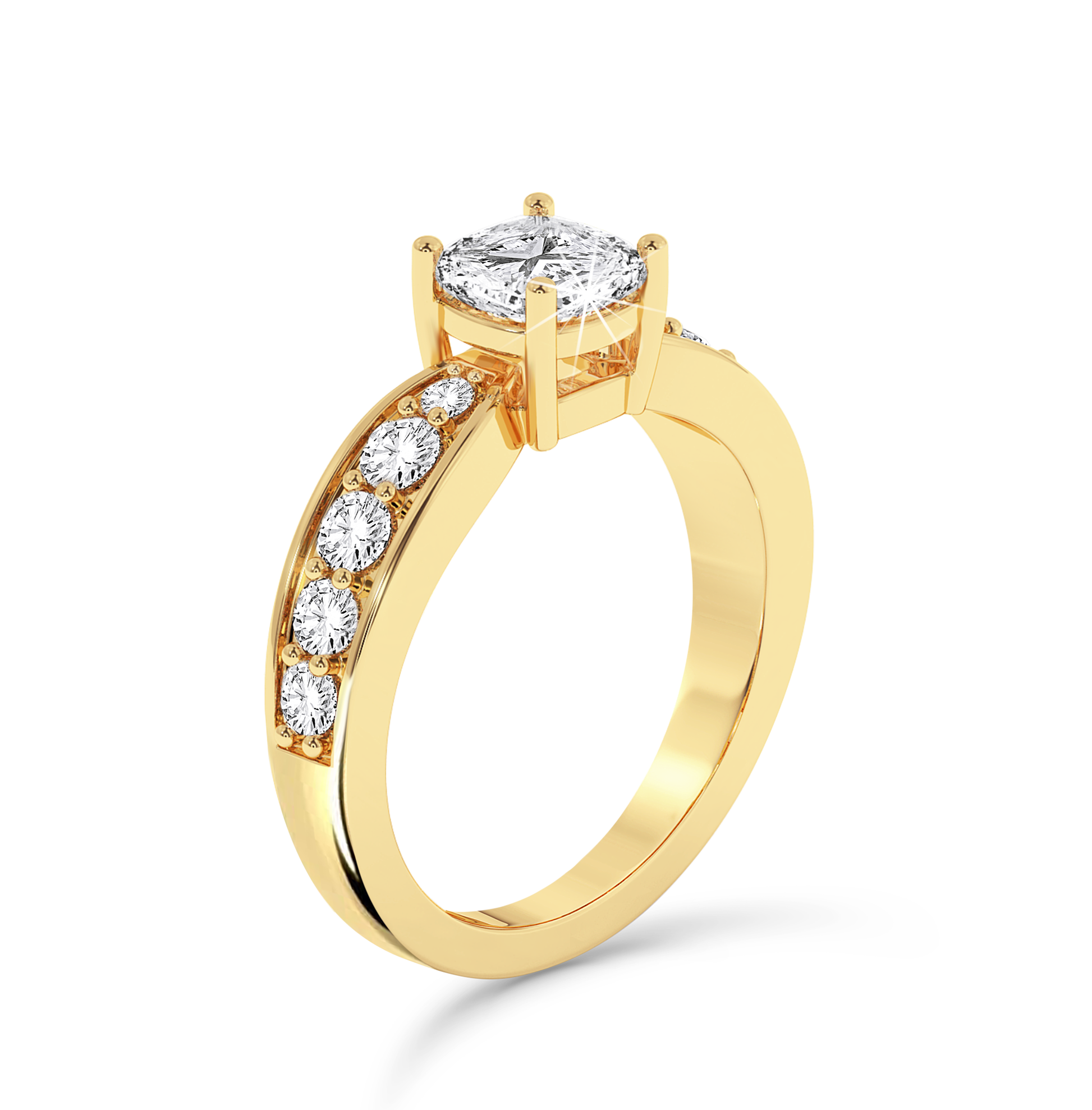 Cushion Cut ring with graduated shoulder stones- Yellow Gold - Bodega